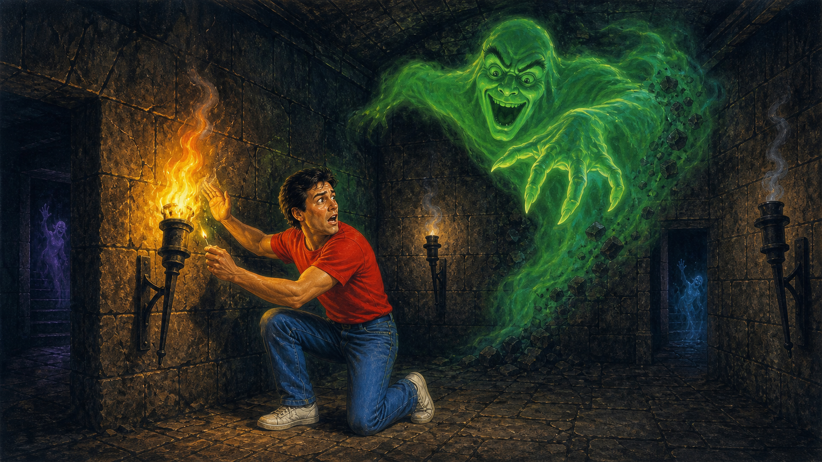Nico reacende uma tocha enquanto o enorme Fantasma Verde atravessa a parede do Castelo de Vesper