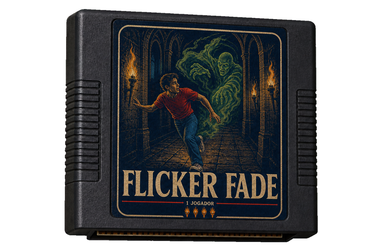 Cartucho transparente de Flicker Fade com Nico fugindo do Fantasma Verde em um corredor iluminado por tochas